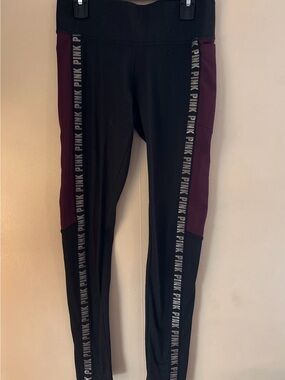 PINK Victoria's Secret Black Leggings with Burgundy Side Panels